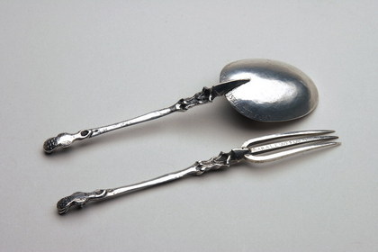 Rare 17th Century Memorial Dutch Silver Spoon and Fork set - Sara Lewes, Kwab Auricular Style, Earliest Known Silver Fork from New York/ New Amsterdam